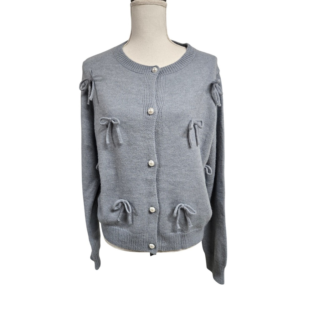 Luna Ivy By Anthropologie Bow Pearl Button Cardigan Sweater Blue Women's Size L